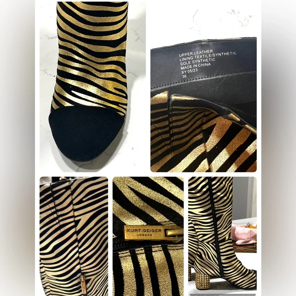 Kurt Geiger London Mayfair Zebra Metallic Gold Over The Knee OTK Boot 36.5 NWT